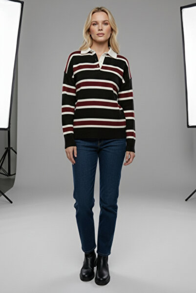 civetta Women's Black Striped Polo Neck Knit Sweater - Buttoned Soft Winter Top