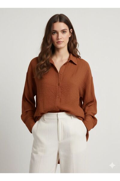 Meşe Moda Brick Color Textured Oversized Shirt