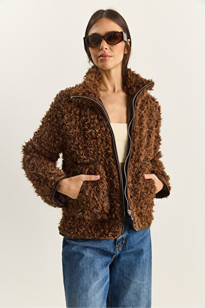 Bianco Lucci Women's Faux Leather Garni Detailed Lined Short Curly Jacket 2841 60281131