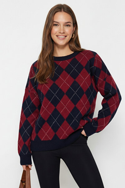 civetta Women's Burgundy Argyle Patterned Bearded Knitwear Sweater - Crew Neck Soft Textured Fuzzy Women's Sweater