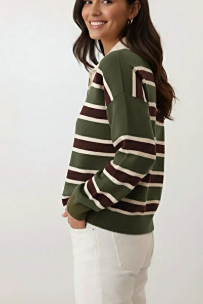 civetta Women's Green/Khaki Striped Polo Neck Knit Sweater - Buttoned Soft Winter Top