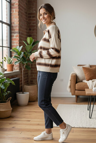 civetta Women's Beige Striped Polo Neck Knit Sweater - Buttoned Soft Winter Top