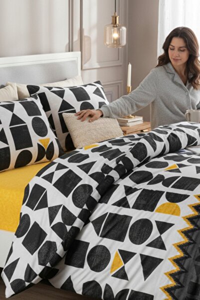 Cottonest Modern Geometric Patterned Premium Duvet Cover Set - 100% Cotton – Black & Yellow - Single Size