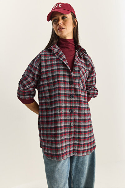Bianco Lucci Women's Single Pocket Detailed Oversize Plaid Shirt 513 60283572