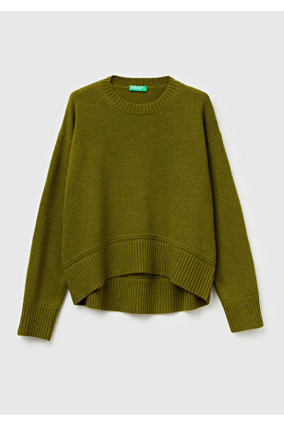 United Colors of Benetton Women's Khaki Green Wool Blend Wide Bottom Crew Neck Sweater