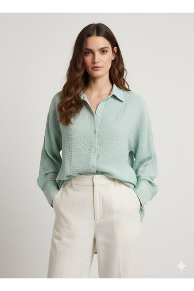 Meşe Moda Mint Green Textured Oversized Shirt