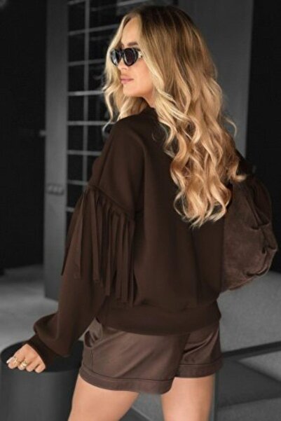 Mossta Μπλούζα Modal με λεπτομέρεια με φούντα με λαιμόκοψη - Καφέ