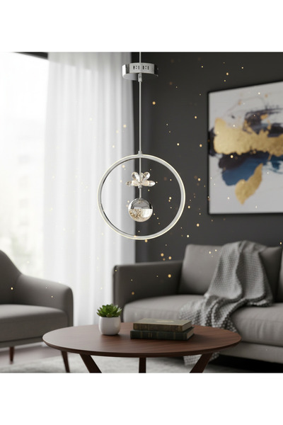 DEGA DG2025-G Kristal Küreli Halkalı Sarkıt RGB LED Avize – Gümüş Kaplama (Modern Tasarım)