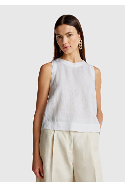 United Colors of Benetton Women's White 100% Linen Sleeveless Blouse