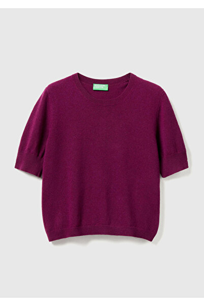 United Colors of Benetton Women's Plum 100% Merino Crew Neck Short Sleeve Sweater
