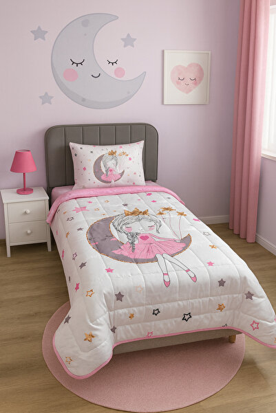 adenkahome Girl Sitting on the Moon Patterned, Quilted Stitched Single Bedspread Set 160X220 cm + Pillowcase