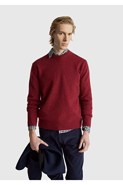 United Colors of Benetton Pulover pentru bărbați Burgundy guler rotund Shetland