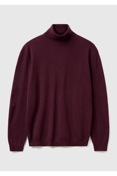 United Colors of Benetton Men's Plum 100% Merino Turtleneck Sweater