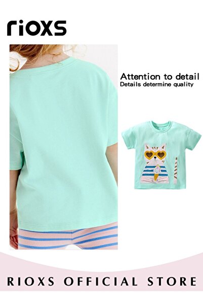 RIOXS Toddler Girls Fashionable Comfortable Tops with Cat Pattern, Breathable Soft 100% Cotton T-Shirt, Cl