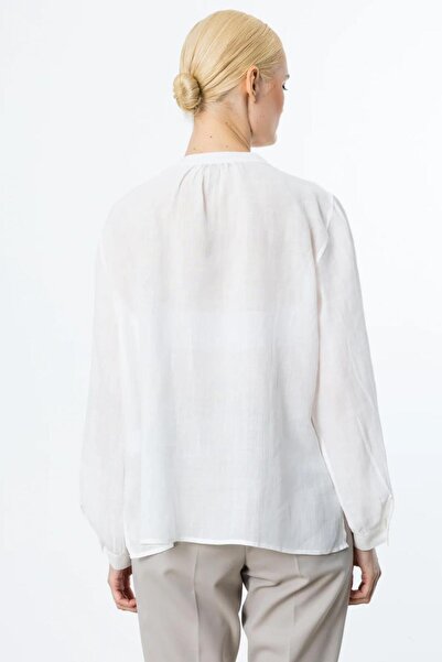 Nazen Giyim Front embroidered ecru linen women's blouse 3928-2y5