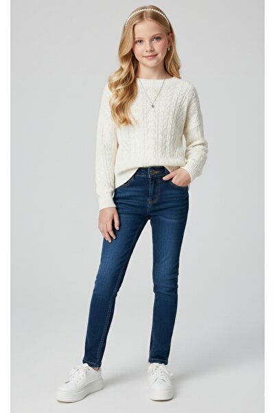 RİNDO KİDS Rindo Girl's Travel Length Solid Color Lycra Jeans