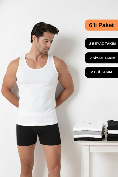 donset مجموعة ميجا مكونة من 6 قطع: طقم قمصان داخلية وسراويل بوكسر للرجال مصنوع من القطن بنسبة 100% (3 قمصان داخلية + 3 سراويل بوكسر)