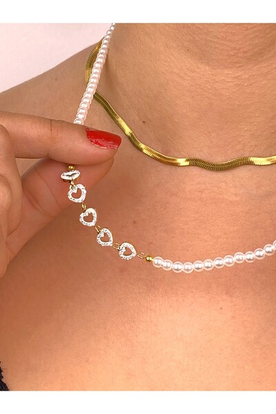 Furtek Aksesuar Pearl Minimal Heart Detail Italian Chain Combination Steel Necklace Set Non-Tarnish Gold Plated