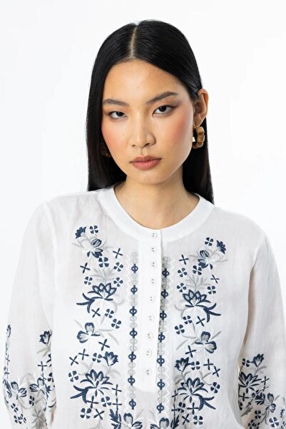 Nazen Giyim Half Button Embroidered Ecru Women's Blouse 3940-2Y5
