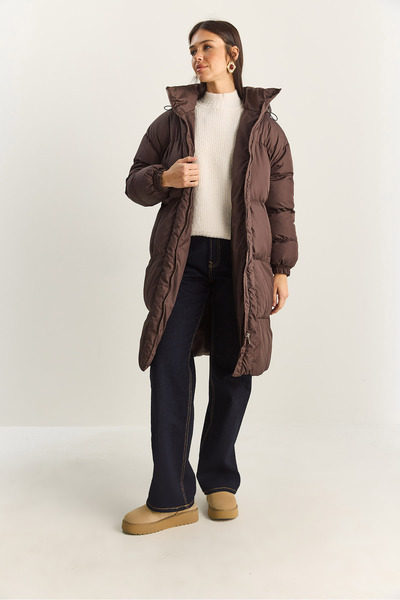 Bianco Lucci Γυναικείο μακρύ παλτό με λεπτομέρεια τσέπης με κουκούλα 1129 60283868