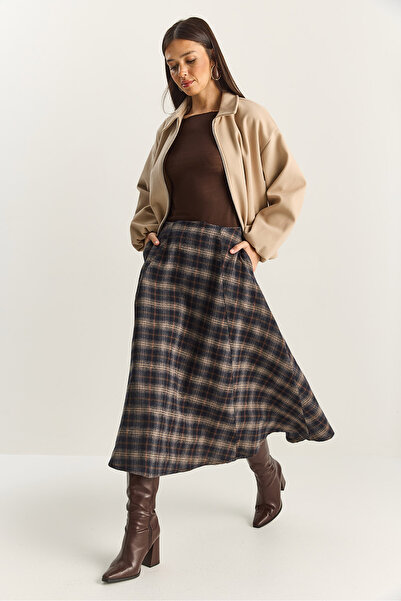 Bianco Lucci Fusta lungă A croială cu model în carouri pentru femei, cu detaliu de buzunar 60283870