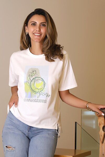 Nazen Giyim Zero collar patterned ecru women's t-shirt 28477-2y5