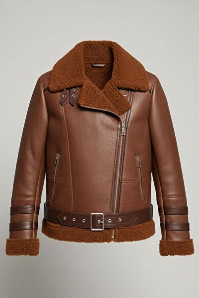 Deriderim Oslo Tan Genuine Lambskin Zippered Biker Women's Coat