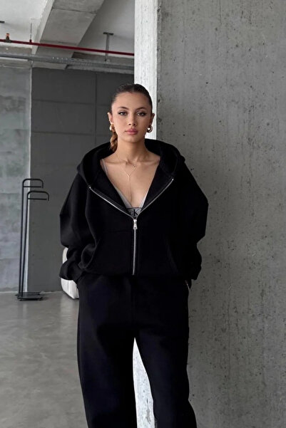 YAKAMEL KADIN 3 İPLİK OVERSİZE FERMUARLI SWEATSHİRT HIRKA