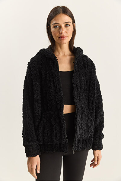 Bianco Lucci Women's Self-Patterned Zippered Hooded Plush Cardigan with Pocket Detail 4116 60283844