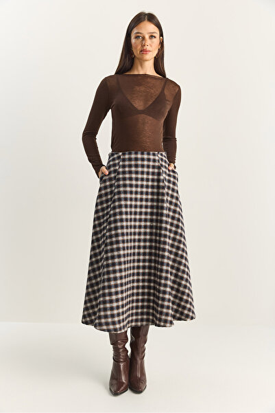 Bianco Lucci Жіноча довга спідниця з кишенями та картатим візерунком, крій А 60283870