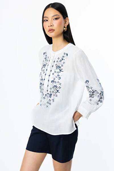 Nazen Giyim Half Button Embroidered Ecru Women's Blouse 3940-2Y5