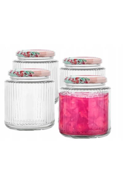 Other Zestaw 4 szklanych słoików 350 ml ryflowanych z zakrętkami i etykietami