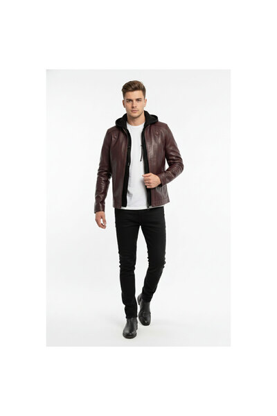 Deriderim Alfa Bordo Hooded Genuine Leather Men's Coat