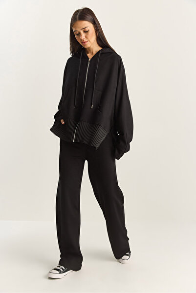 Bianco Lucci Women's Ribbed Oversized Hooded Zippered Sweat Wide Leg Comfort Pants Set 4038 60283855