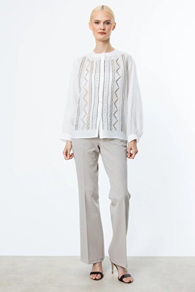 Nazen Giyim Front embroidered ecru linen women's blouse 3928-2y5