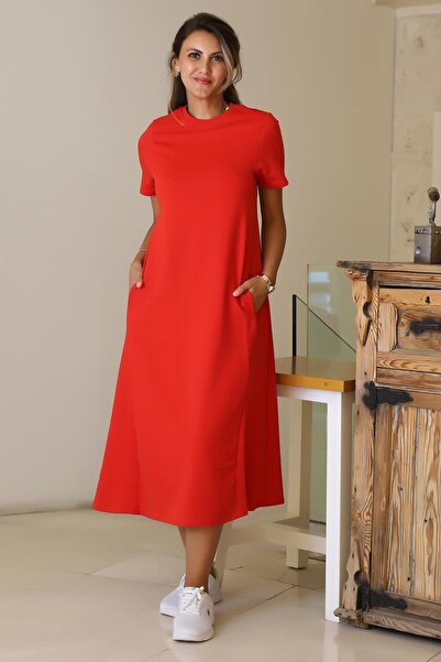 Nazen Giyim Zero Collar Short Sleeve Red Women's Dress S0014266-2Y5