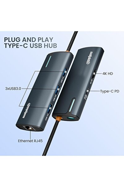 Salpido 6in1 PD100W Type-C Hub Adapter DS-16H, LED lighting & 4K HD Display, Aluminum Alloy Material