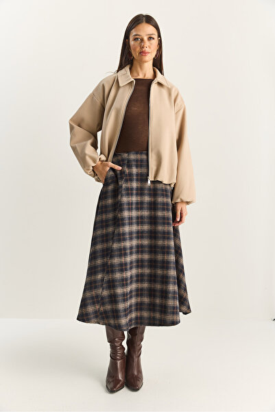 Bianco Lucci Fusta lungă A croială cu model în carouri pentru femei, cu detaliu de buzunar 60283870