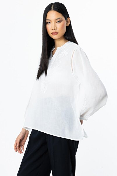 Nazen Giyim Embroidered Ecru Linen Women's Blouse 3924-2Y5