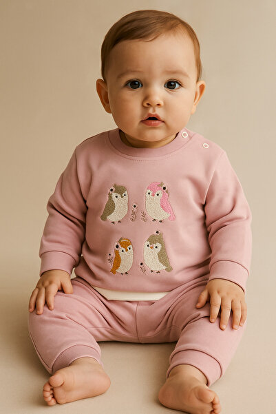 Katia&Bony طقم أطفال مطرز بنقشة طيور باللون الوردي الفاتح