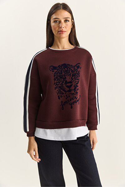 Bianco Lucci Women's Tiger Printed T-Shirt Detailed Fleece-Lined Sweatshirt 6975 60283871