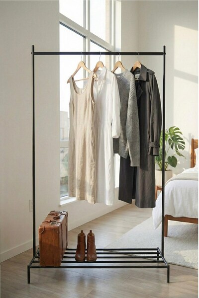 Hier Siyah Metal Ayaklı Konfeksiyon Elbise Askılığı - Ayakkabılık Raflı Askı