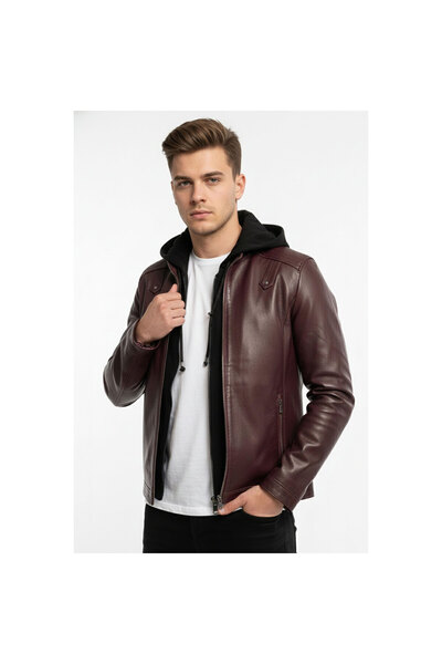 Deriderim Alfa Bordo Hooded Genuine Leather Men's Coat
