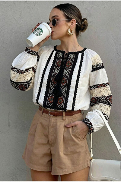 FEMELLE Bluză de damă din bumbac cu broderie, cu guler alb, cu dantelă și detaliu brodat