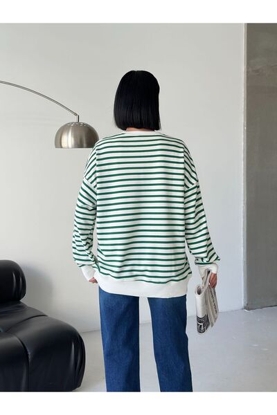 moda paketi Γυναικείο πράσινο ριγέ φούτερ oversized – Άνετο και κομψό casual στυλ