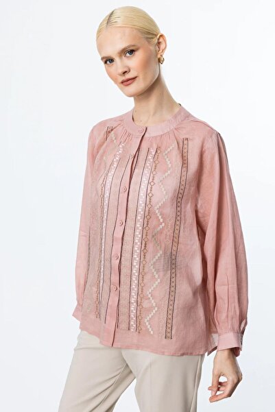 Nazen Giyim ÖNÜ NAKIŞLI PEMBE KETEN KADIN BLUZ 3928-2Y5