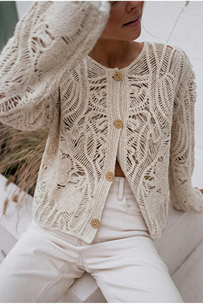 FEMELLE Women's Beige Wooden Buttoned Lace Knitwear Cardigan