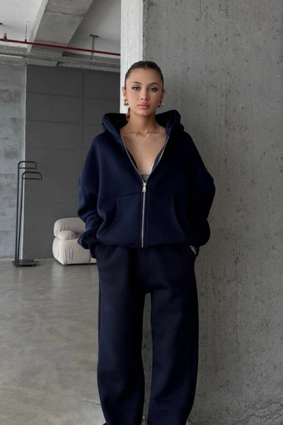 YAKAMEL KADIN 3 İPLİK OVERSİZE FERMUARLI SWEATSHİRT HIRKA