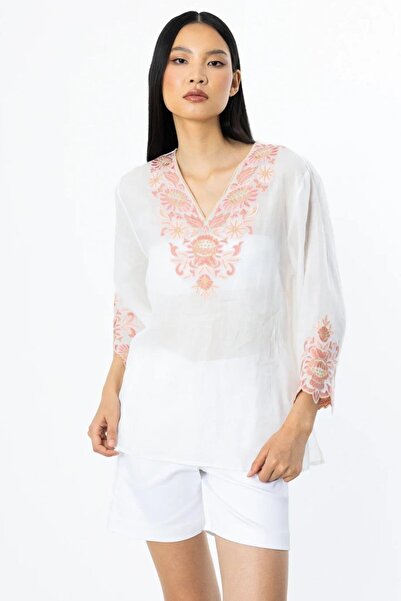 Nazen Giyim Embroidered linen ecru women's blouse 3936-2y5