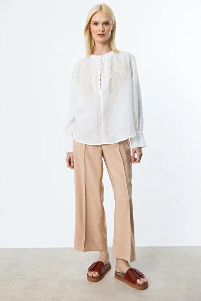 Nazen Giyim Embroidered Linen Ecru Women's Bluse with Buttons on the Front 3926-2Y5